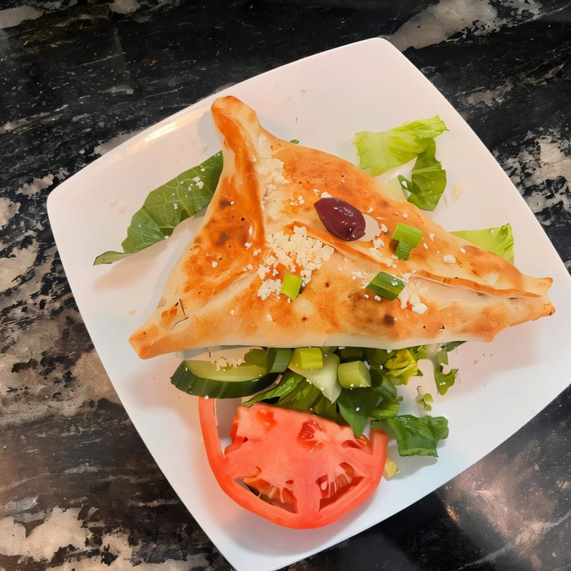 A golden-brown Mediterranean fatayer pastry, topped with feta and an olive, served with a side salad.