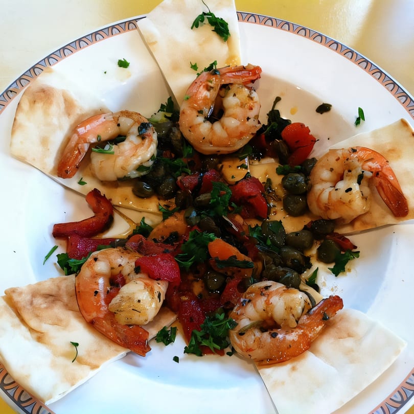 Dalia's Mediterranean shrimp dish with capers, red peppers, and parsley on pita bread.